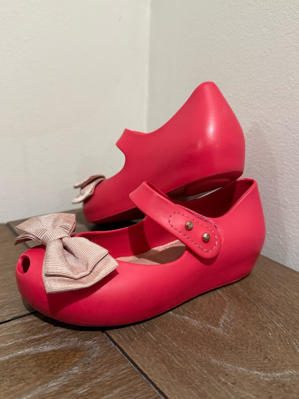 Mini Melissa Girls Rubber Flats Shoes Toddler Size 8 Pink With Bow Peep Toe